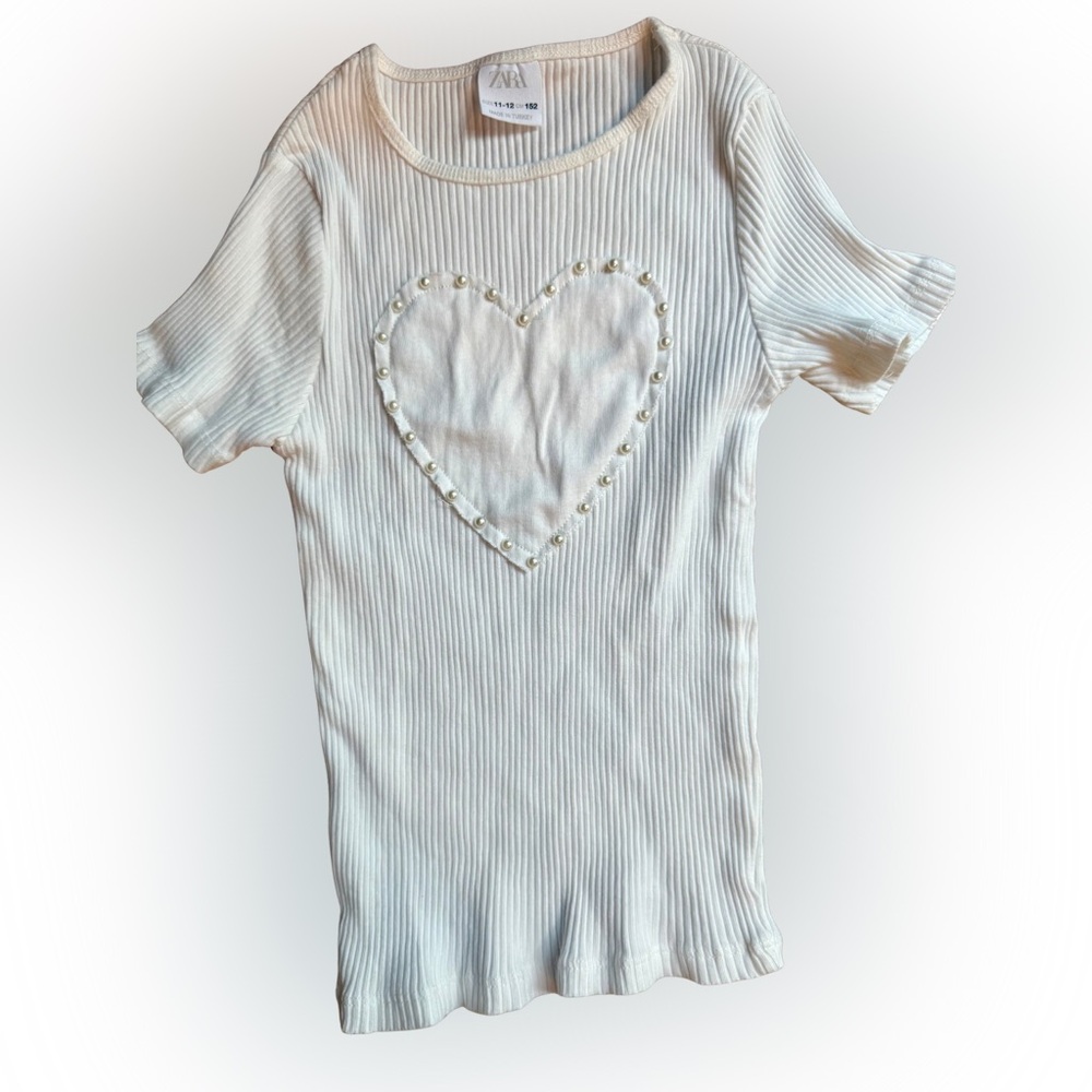 Zara Girls Ribbed Heart Pearl Tee
